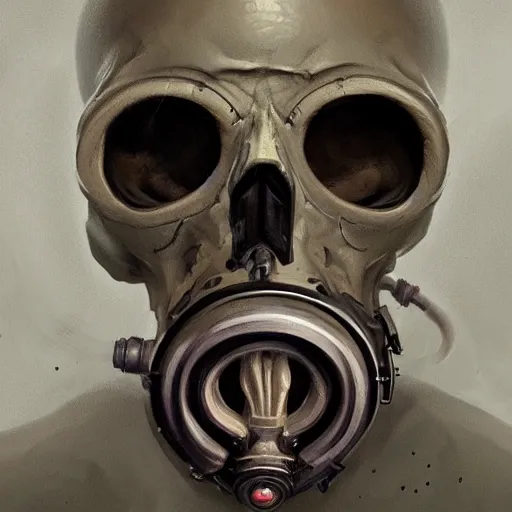 Prompt: a portrait painting of a skull wearing a gasmask, digital painting, hyper realistic, very detailed, in the style of greg rutkowski,