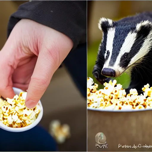 Prompt: badger eating popcorn, professional photography