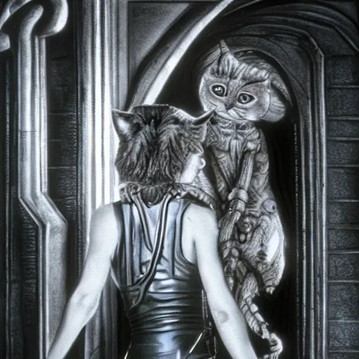 Prompt: detailed professional photographic portrait of Sigourney Weaver as ripley wearing a white singlet and her cat Jonesy moving apartment New York City 1983, gothic building entrance way Art Deco light style of H.R. Giger, cinematic feel, high octane