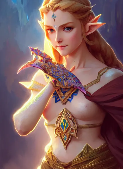 Image similar to zelda with triforce, fantasy, intricate, elegant, highly detailed, digital painting, artstation, concept art, wallpaper, smooth, sharp focus, illustration, art by artgerm and greg rutkowski and alphonse mucha and wlop