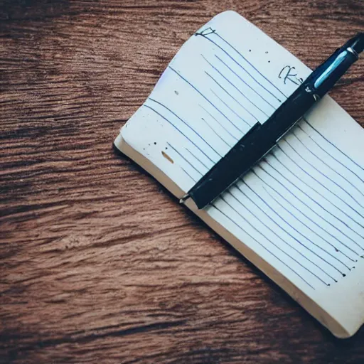 Image similar to highly detailed close up photo of an old worn notebook on wooden table, old table, feather pen, light coming out of near window, moody lighting, dust in air