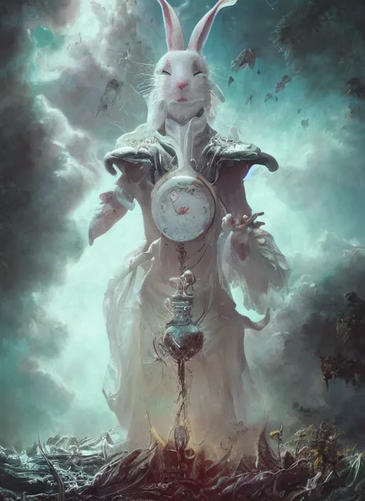 Image similar to white rabbit the magician tarot card, highly detailed, cinematic, 8 k, by stanley artgermm, tom bagshaw, greg rutkowski, carne griffiths, ayami kojima, beksinski, giger, trending on deviantart, hyper detailed, horror, full of colour