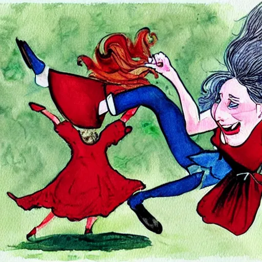 Prompt: action shot of alice from wonderland kicking the head of the red queen like a soccer ball the red queen has comical exes for eyes and her tongue is hanging out, illustration from a children's book, illustration in watercolor