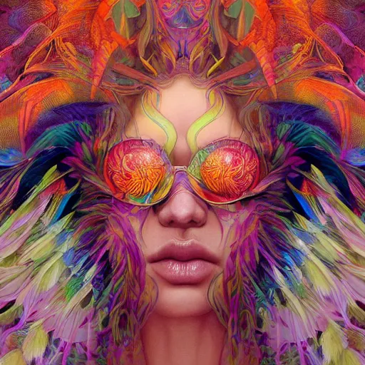 Image similar to A reality bending psychedelic ayahuasca experience, colorful, distorted, surreal, tropical bird feathers, dramatic lighting on the face, intricate, elegant, highly detailed, digital painting, concept art, smooth, sharp focus, illustration, art by Krenz Cushart and Wayne Barlowe and alphonse mucha