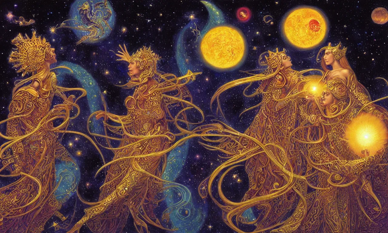 Prompt: sun king and moon queen in the cosmic court of mystical astronomy, art by james c. christensen and ron walotsky