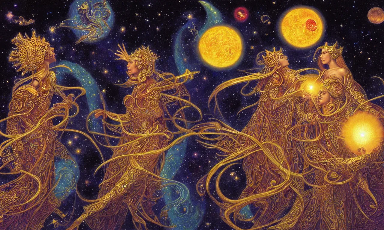 Image similar to sun king and moon queen in the cosmic court of mystical astronomy, art by james c. christensen and ron walotsky