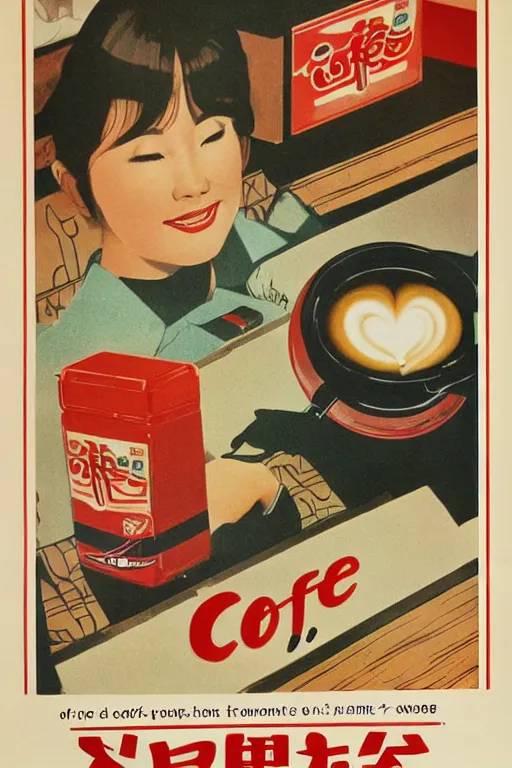 Prompt: coffee advertisment, still life, 1 9 7 0 s japan shouwa advertisement, print, nostalgic