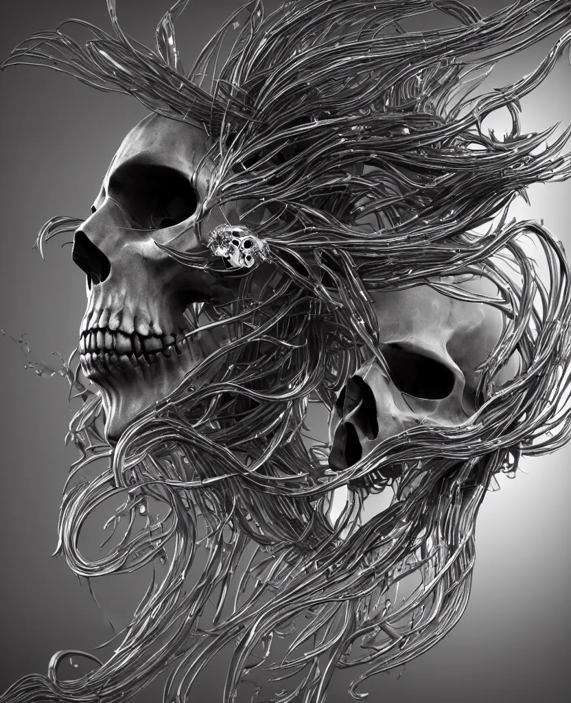 Prompt: close-up macro portrait of the face of a beautiful princess in a skull matte glass mask, epic angle and pose, symmetrical artwork, 3d with depth of field, blurred background, cybernetic jellyfish female face skull phoenix bird, translucent, nautilus, energy flows of water and fire. a highly detailed epic cinematic concept art CG render. made in Maya, Blender and Photoshop, octane render, excellent composition, cinematic dystopian brutalist atmosphere, dynamic dramatic cinematic lighting, aesthetic, very inspirational, arthouse. y Greg Rutkowski, Ilya Kuvshinov, WLOP, Stanley Artgerm Lau, Ruan Jia and Fenghua Zhong