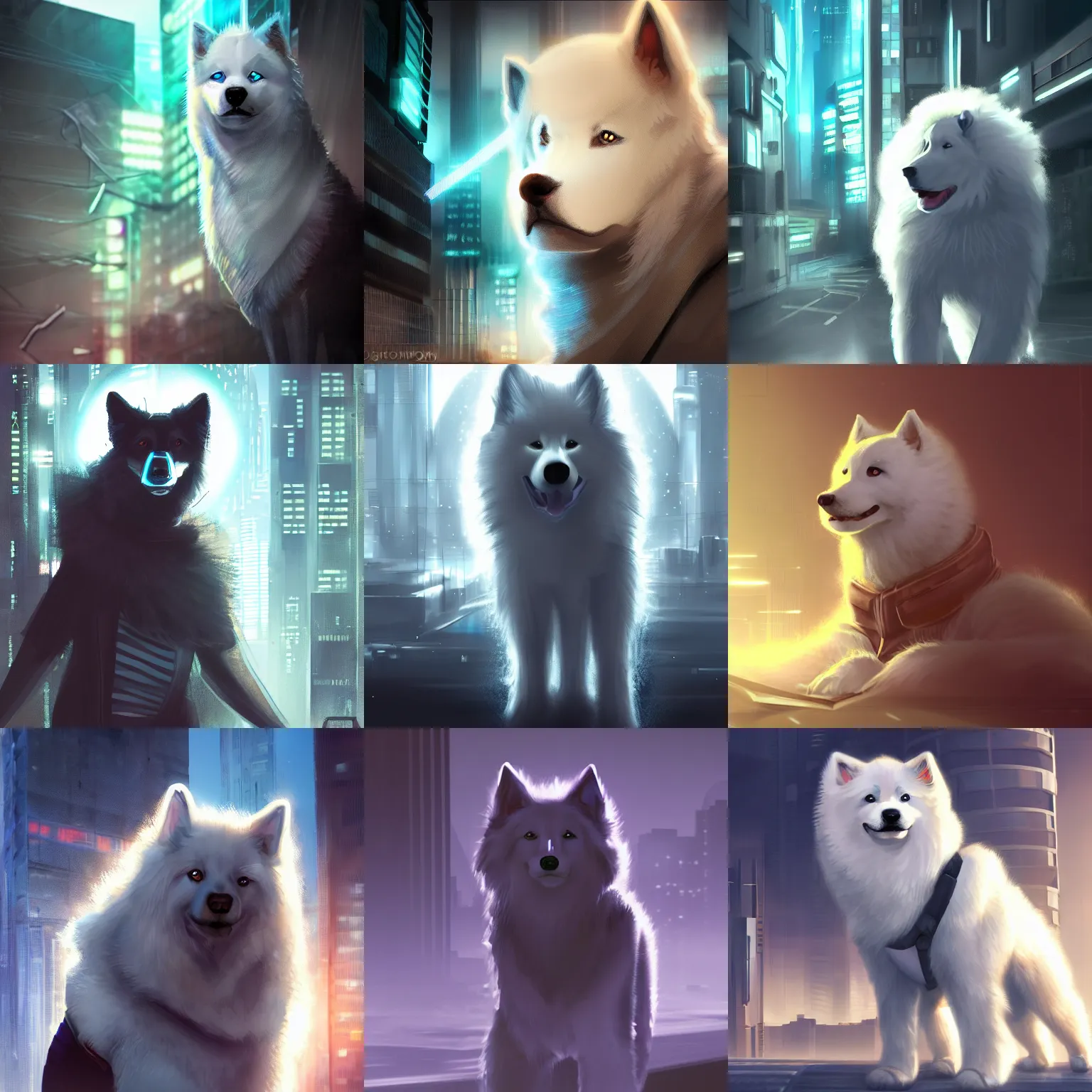 Prompt: samoyed dog as a sci fi detective, cyberpunk, concept art, digital art, lens flare