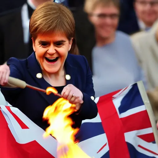 Prompt: Nicola sturgeon happpily setting fire to the british flag