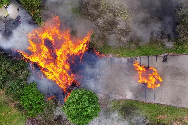 Prompt: digital art drone view of the great serpent standing in front of burning house looking at camera by celebi