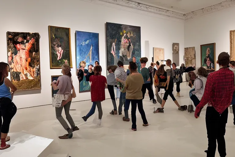 Image similar to a group of people destroying a museum art show