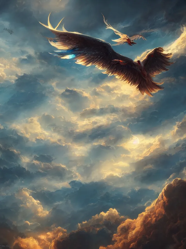 Prompt: A phoenix soaring in the clouds, fantasy matte painting，cg concept design， rich colors, high details，light effect，trending on cgsociety and artstation，8kHDR，