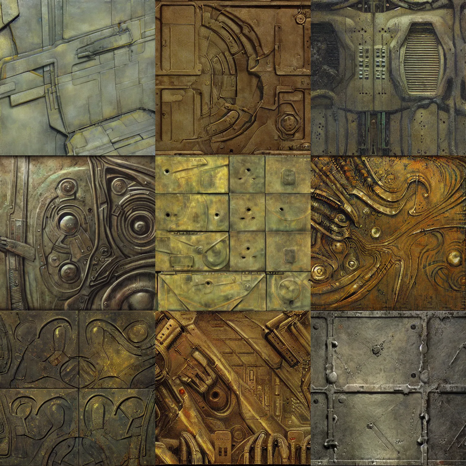 Prompt: scifi, giger, flat panels, diffuse texture, dull flaking paint, bright metal wall seamless game texture, by dean cornwell, nc wyeth, painterly, 4 k, textures. com, high resolution