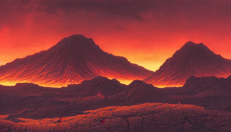 Prompt: an ashen land with obsidian mountains and rivers of lava, red sky, in the foreground there are flowers, by Ted Nasmith