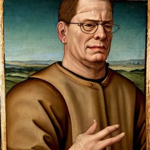 Image similar to A 15th century medieval renaissance oil painting of hank hill, grainy, realistic, very realistic, hyperrealistic, highly detailed, very detailed, extremely detailed, very neat, very epic, very cool, detailed, trending on artstation