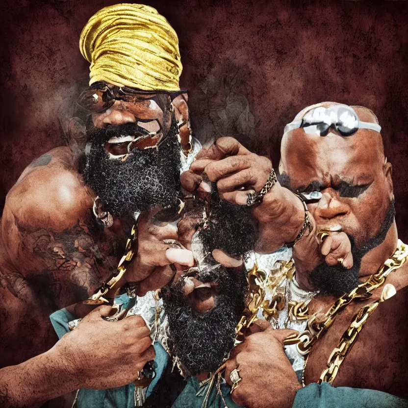 Image similar to mr. t pitying a fool, stylized photo, gold chains, stylized digital art