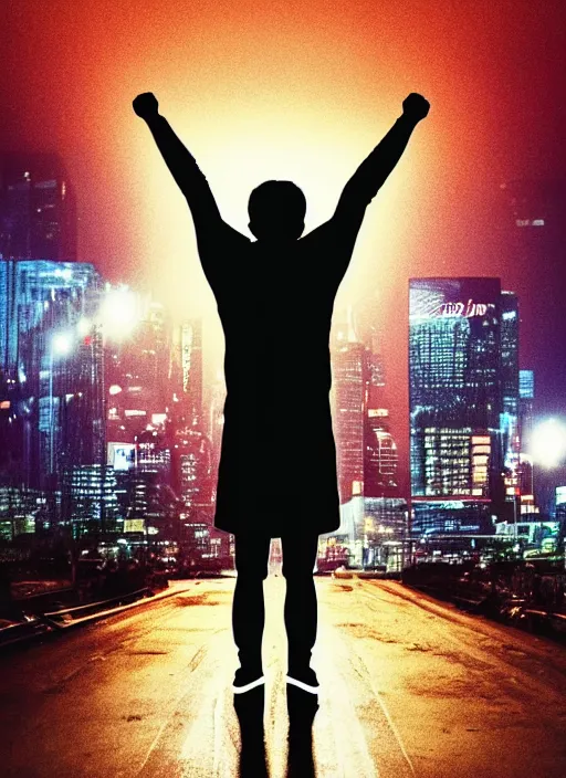 Image similar to a 3 5 mm photo from the back of a scientist raising a fist in triumph, standing in front of a city, splash art, movie still, bokeh, canon 5 0 mm, cinematic lighting, dramatic, film, photography, golden hour, depth of field, award - winning, anamorphic lens flare, 8 k, hyper detailed, 3 5 mm film grain