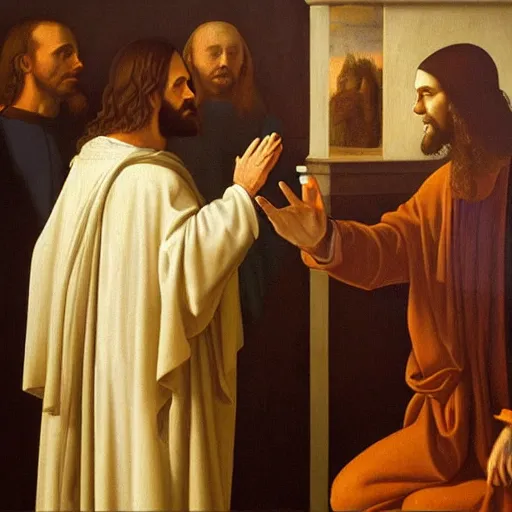 Image similar to jesus christ preaching to vladmir putin, photorealistic frame hanging on the wall, ultra-realistic in the colourful style of leonardo da vinci artstation hd oil painting and edward hooper, renaissance painting