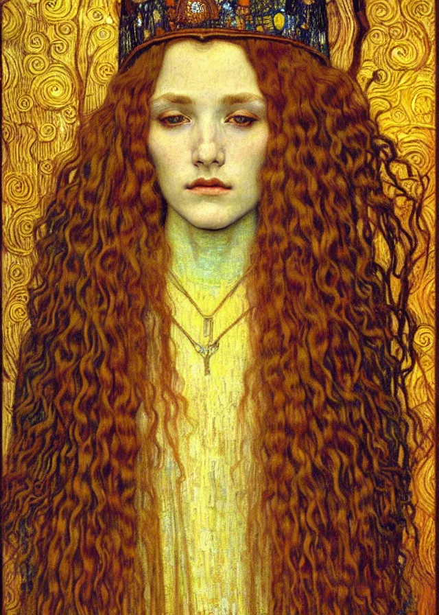 Image similar to detailed realistic beautiful young medieval queen face portrait by jean delville, gustav klimt and vincent van gogh, art nouveau, symbolist, visionary, gothic, pre - raphaelite, muted earthy colors, desaturated