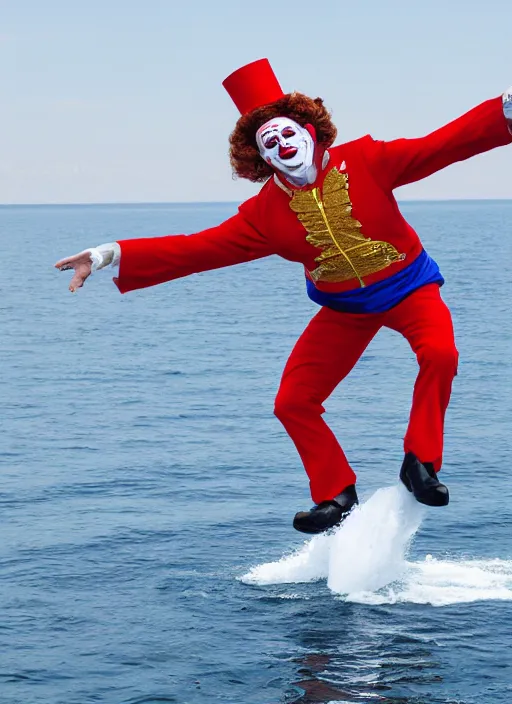 Prompt: 8 0 mm vladamir putin dressed as a clown falling off a boat 4 k, full body,