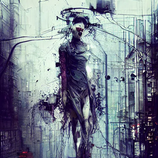 Image similar to screaming cyberpunk, wires, machines by emil melmoth zdzislaw belsinki craig mullins yoji shinkawa realistic render ominous detailed photo atmospheric by jeremy mann francis bacon and agnes cecile ink drips paint smears digital glitches glitchart