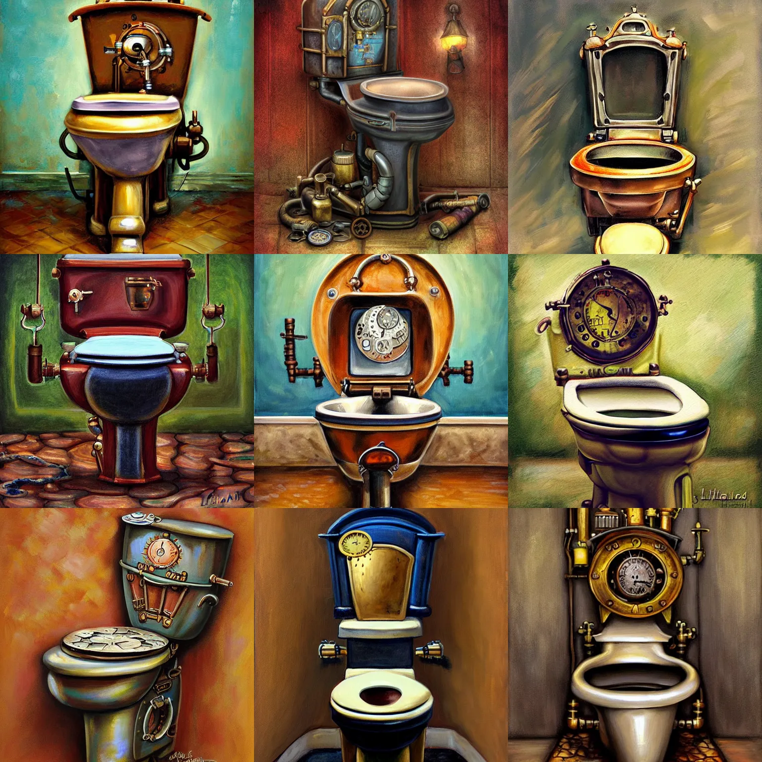 Prompt: painting of a steampunk toilet by lilia alvarado, steampunk