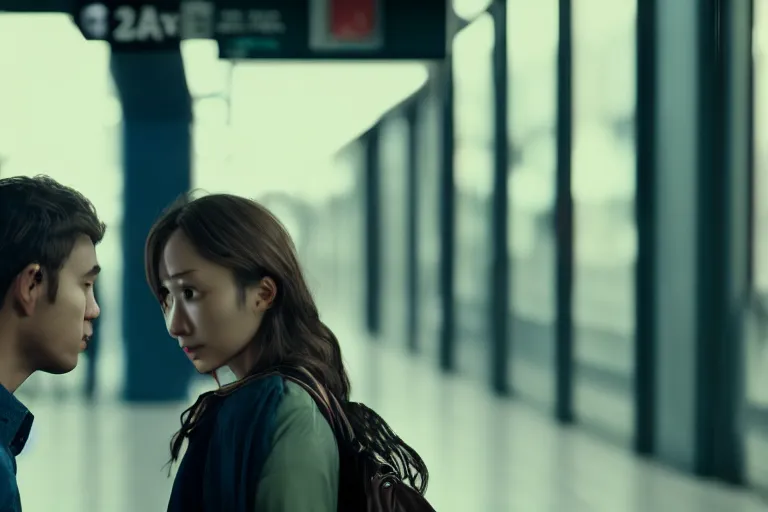 Prompt: vfx movie closeup couple in a train station flat color profile low - key lighting award winning photography arri alexa cinematography, beautiful natural skin, symmetrical face, atmospheric cool color - grade