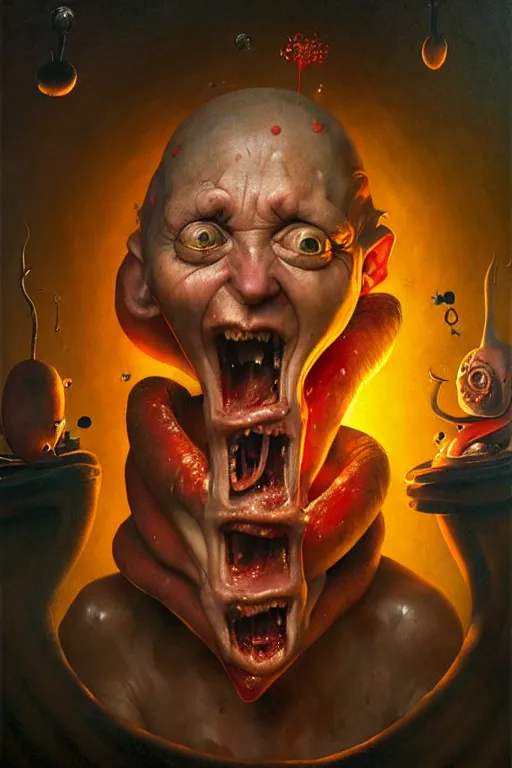 Image similar to hieronymus bosch, greg rutkowski, anna podedworna, painting of the noid, extreme close up, insane face, screaming and crying eating pizza