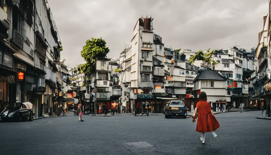 Image similar to a 3 5 mm photo by petra collins of a beautiful day in a city that looks like toyko, paris, kyoto and jiufen, cinematic lighting, cinematic look, golden hour, the clouds are epic and colorful with cinematic rays of light, a girl walks down the center of the street in a gucci dress, uhd