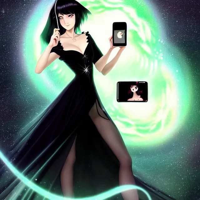 Prompt: epic professional digital art Manga Key visual of a stunningly attractive witch with straight black hair in a sparkly silver dress looking at her iphone, office background, by Gil Elvgren and Dorian Cleavanger, best on artstation, cgsociety, wlop, Behance, pixiv, cosmic, epic, stunning, gorgeous, much detail, much wow, masterpiece