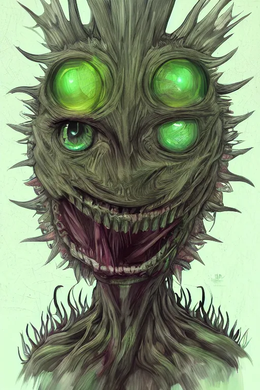 Prompt: a humanoid figure cirsium monster with large eyes, highly detailed, digital art, sharp focus, trending on art station, plant, anime art style