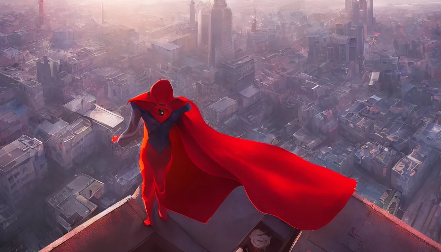 Image similar to kid with red superhero cape sitting on the edge of the roof of a building watching sunrise on the city, hyperdetailed, artstation, cgsociety, 8 k