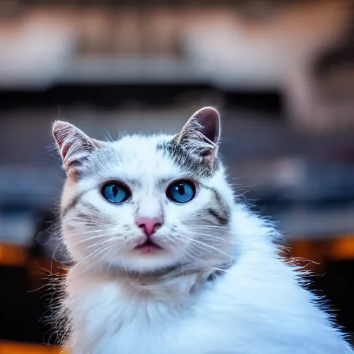 Prompt: ultra hd 8 k photo of a sad cat alone on a big opera stage