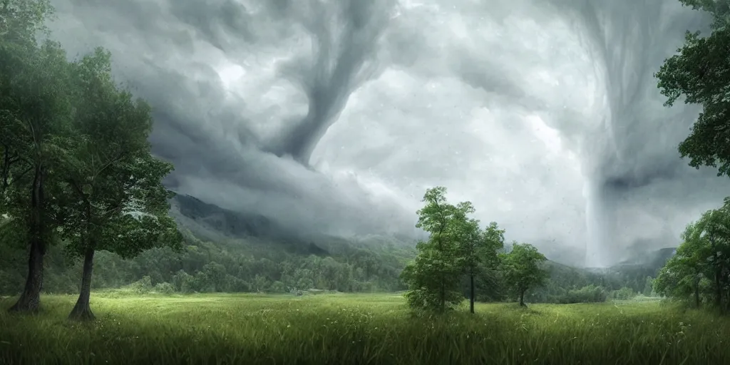 Image similar to A tornado in a beautiful scenic landscape, nature, trees, wide angle, super highly detailed, professional digital painting, artstation, concept art, smooth, sharp focus, no blur, no dof, extreme illustration, Unreal Engine 5, Photorealism, HD quality, 8k resolution, cinema 4d, 3D, beautiful, cinematic, art by artgerm and greg rutkowski and alphonse mucha and loish and WLOP