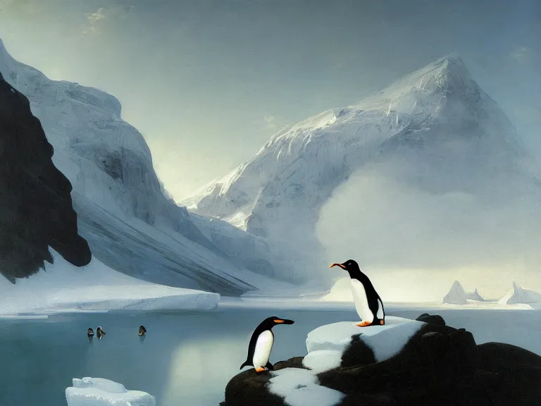 Prompt: an oil painting of a penguin and a misty glacier at dawn. by tuomas korpi and carl spitzweg. baroque elements. intricate artwork by caravaggio. oil painting. oil on canvas. award winning. dramatic. trending on artstation. 8 k