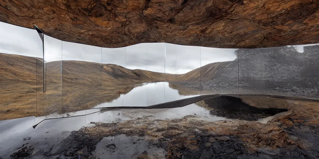 Image similar to futuristic architect house made from deconstucted burnt wood and mirrors, floating, portal, refraction, iceland landscape photography, by lurie belegurschi and gunnar freyr