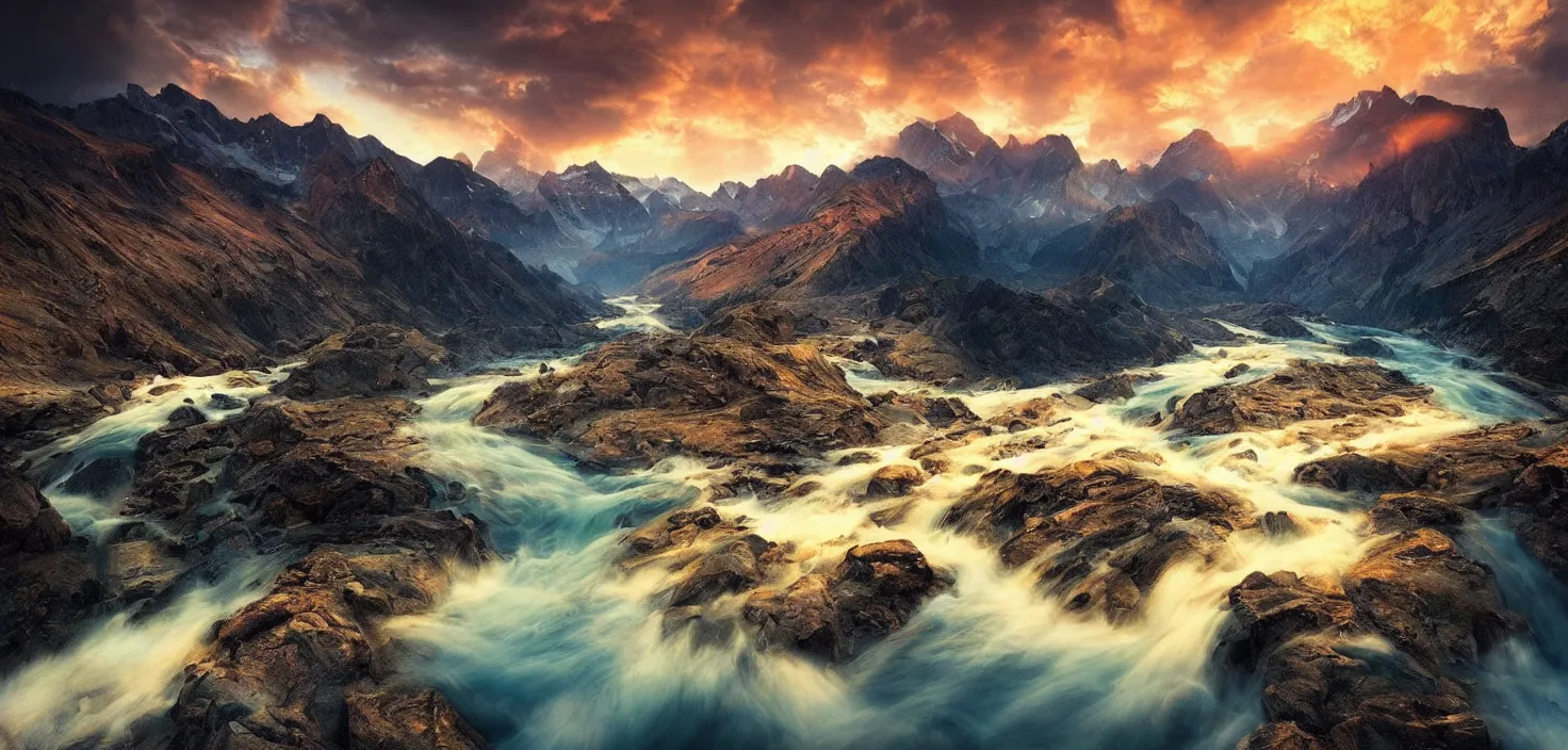 Image similar to amazing landscape photo of mountains with river in sunset by max rive, beautiful dramatic lighting