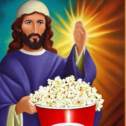 Prompt: jesus holding a big bucket of popcorn