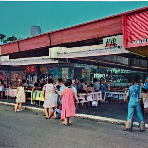 Image similar to A 1980s poster of a hawker centre and mushroom cloud