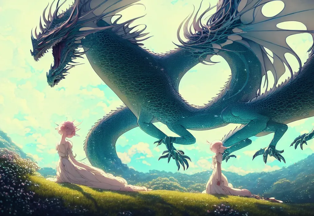 Image similar to the beautiful hyper detailed scene render that a lonely single beautiful girl lies in the arms of a huge silver dragon alone in the fairyland surrounded by white clouds, in the style of makoto shinkai victo ngai and peter mohrbacher studio ghibli artgerm karol bak beeple, cinematic, absolutely beautiful, ultra wide angle, animation style, 8 k hd