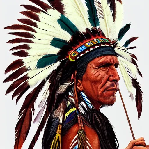 Image similar to painting portrait of a native american wearing a eagle feather headdress, artstation, ultra detailed, tinted brown