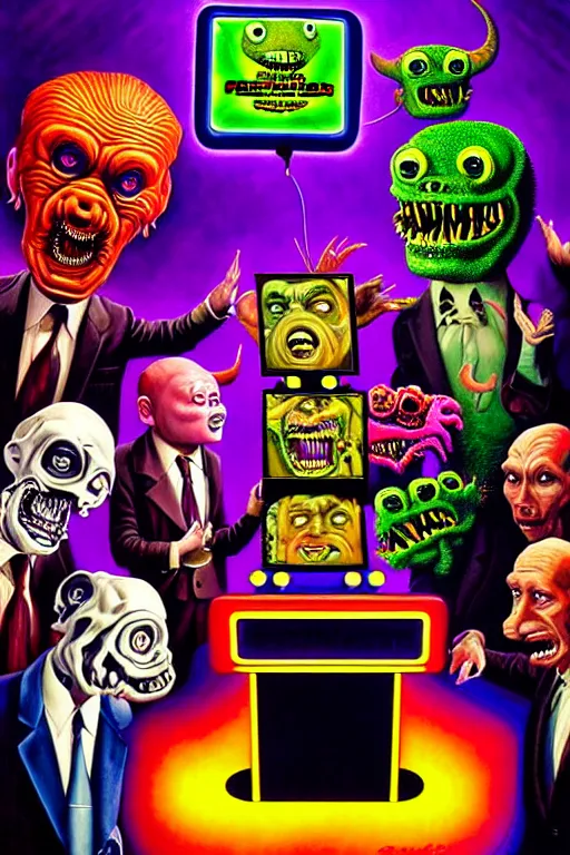 Prompt: a hyperrealistic painting of a trippy gameshow announcer with a panel of monsters playing jeopardy. cinematic horror by jimmy alonzo, the art of skinner, chris cunningham, lisa frank, richard corben, highly detailed, vivid color,