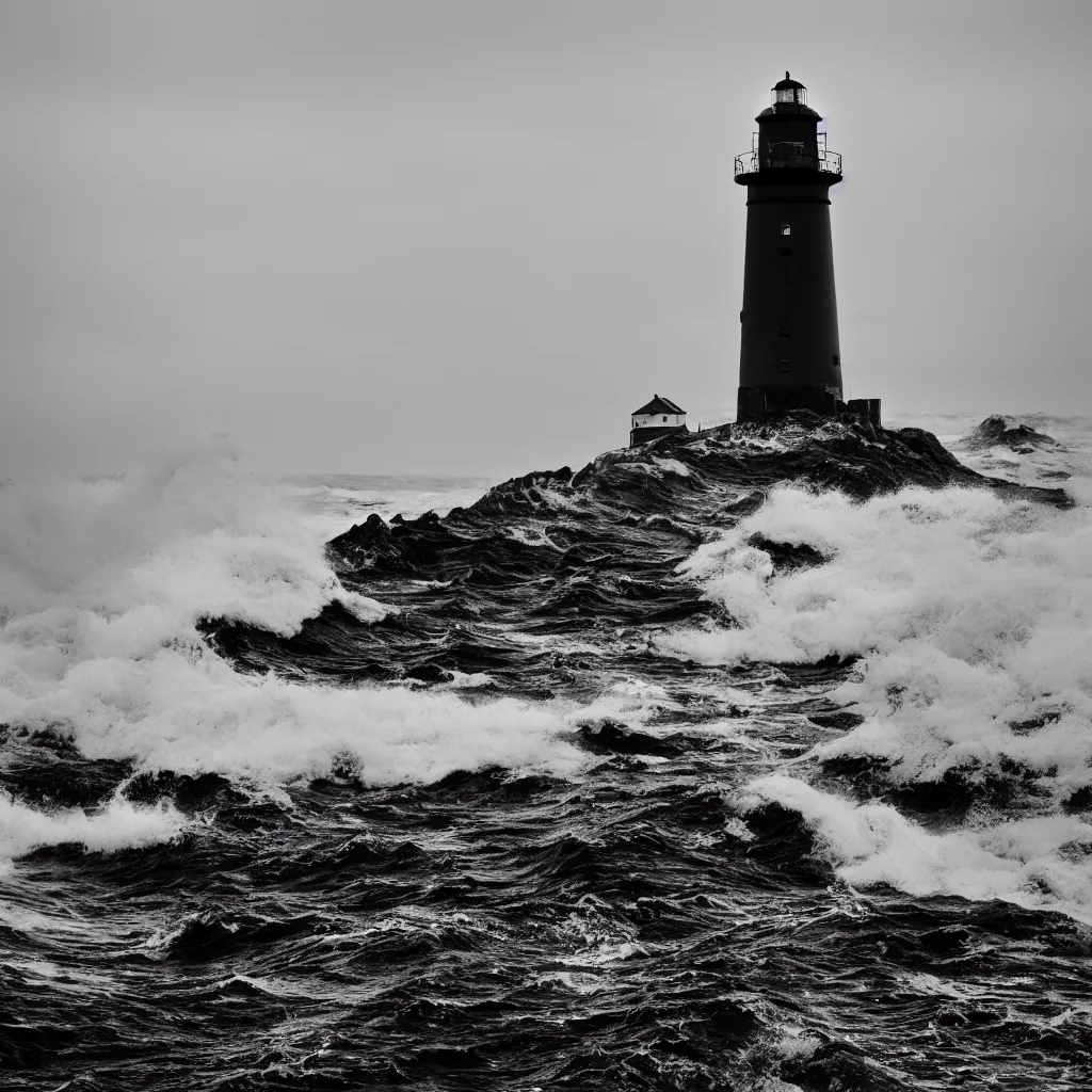 Prompt: A very beautiful Black and white photo of A lighthouse on a rough sea of the sea,highly realistic, hyper detailed,,4k,NEOPAN 100 ACROS II,Leica Summicron 35/2