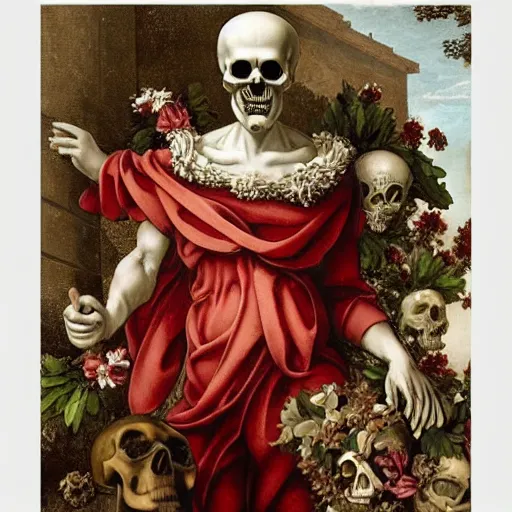 Prompt: a man in the form of a Greek sculpture with a mask in the form of a skull and wreath of flowers skulls in hands dressed in a biomechanical dress, red white and gold color scheme, baroque, by Michelangelo, high detail