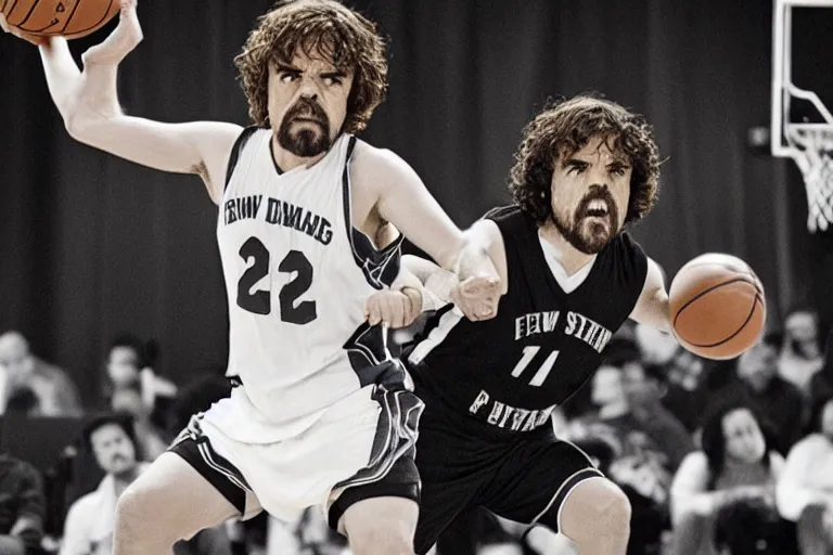 Image similar to peter dinklage playing basketball movie still, from the new slam dunk ernest movie, 8 k, realistic