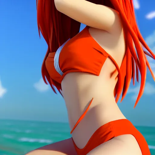 Prompt: render as a very beautiful 3d anime girl, hot petite, long braided orange red hair, hazel eyes, full round face, short smile, white silver bikini, serene beach setting, cinematic lightning, medium shot, mid-shot, highly detailed, trending on Artstation, Unreal Engine 4k, cinematic wallpaper