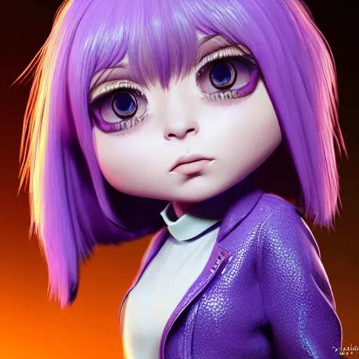 Prompt: portrait of a chibi very cute girl with purple jacket design by antonio mello, carlos ortega elizalde, character modeling, toy design, substance 3 d painter, blender, mental ray, zbrush, soft vinyl, bio luminescent, maximalist sculpted design portrait, studio photo, 7 0 mm lens, trending in artstation