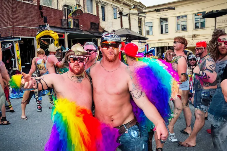 Prompt: pride party of rednecks, street photography, photojournalism