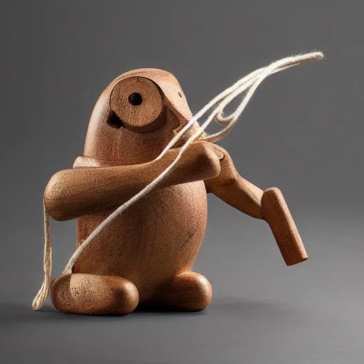 Prompt: medium - shot of a wooden handmade simple string puppet, highly detailed, sharp focus, promo photo, by shaun tan,